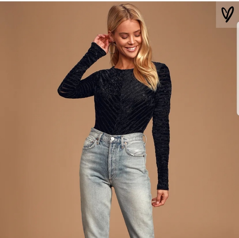 Lulu's Black Velvet Striped Long Sleeve Bodysuit